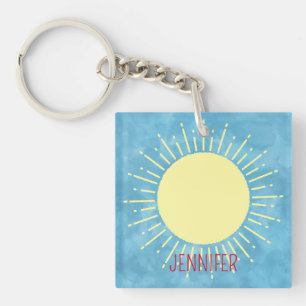 Yellow Sunshine In Blue Sky Custom Name  Key Ring