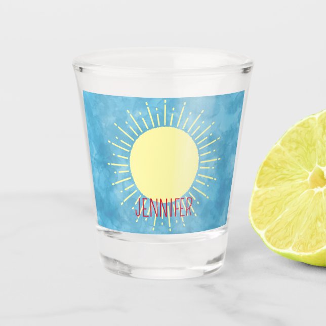 Yellow Sunshine In Blue Sky Custom Name  Shot Glass (Front)