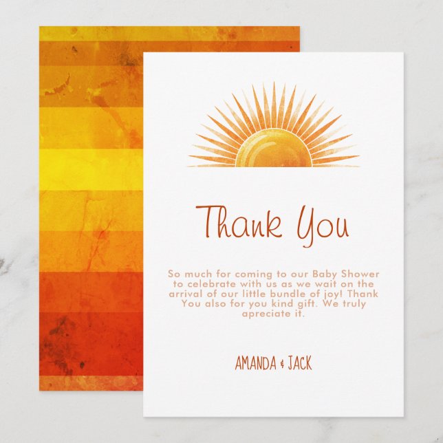 Yellow Sunshine Retro Watercolor Baby Shower Thank You Card (Front/Back)