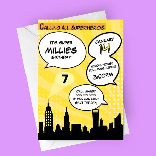 Yellow Superheros Comic Book Styled Birthday Party Invitation