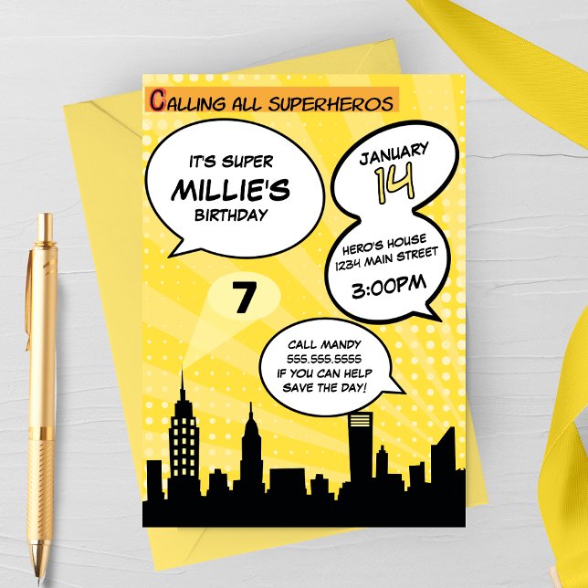 Yellow Superheros Comic Book Styled Birthday Party Invitation (Creator Uploaded)