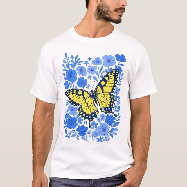 Yellow swallowtail blue flower t-shirt (Front)