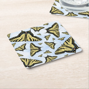 Yellow Swallowtail Butterflies Blue Sky Custom Square Paper Coaster