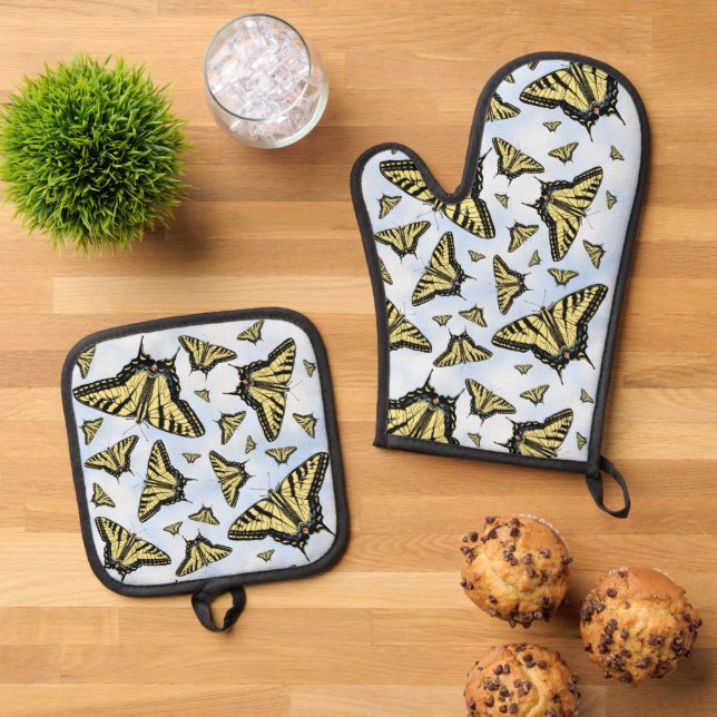 Yellow Swallowtail Butterflies on Blue Sky Oven Mitt & Pot Holder Set (Top Down)