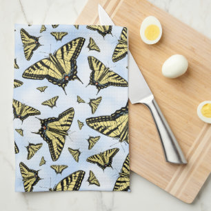 Yellow Swallowtail Butterflies on Blue Sky Pattern Tea Towel