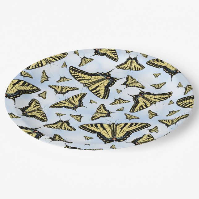 Yellow Swallowtail Butterflies Pattern on Blue Sky Paper Plate (Angled)