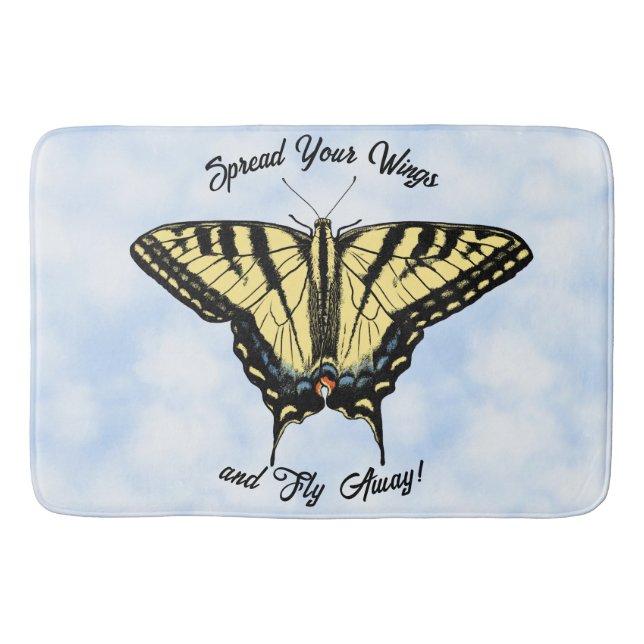 Yellow Swallowtail Butterfly Blue Sky Personalized Bath Mat (Front)