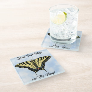 Yellow Swallowtail Butterfly Blue Sky Personalized Glass Coaster