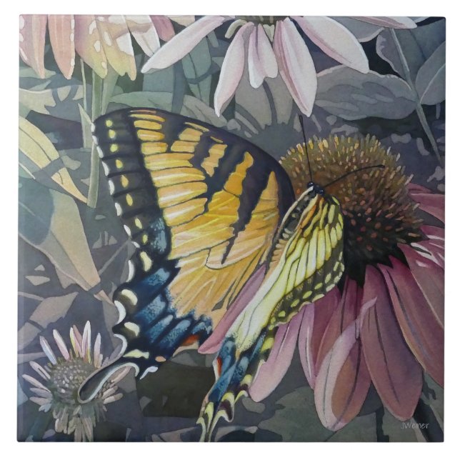 Yellow Swallowtail Butterfly Coneflower Watercolor Ceramic Tile (Front)