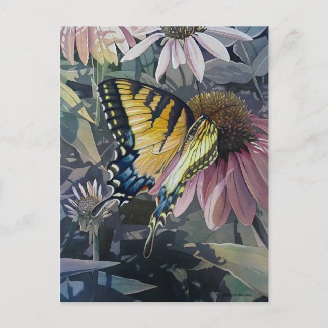 Yellow Swallowtail Butterfly Coneflower Watercolor Postcard (Front)