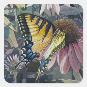 Yellow Swallowtail Butterfly Coneflower Watercolor Square Sticker