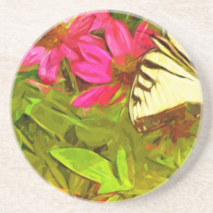Yellow Swallowtail Butterfly on Flowers Abstract Coaster