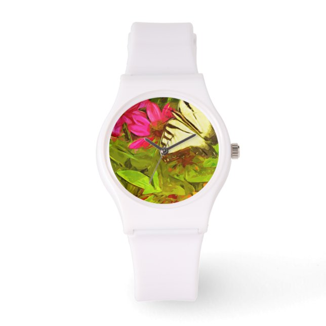 Yellow Swallowtail Butterfly on Flowers Abstract Watch (Front)