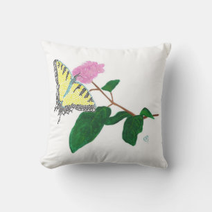 Yellow Swallowtail Butterfly on Pink Flower Pillow