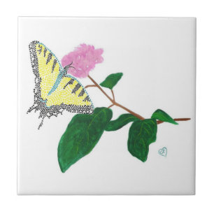 Yellow Swallowtail Butterfly Pink Flower Tile