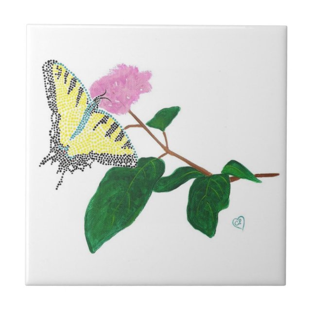 Yellow Swallowtail Butterfly Pink Flower Tile (Front)