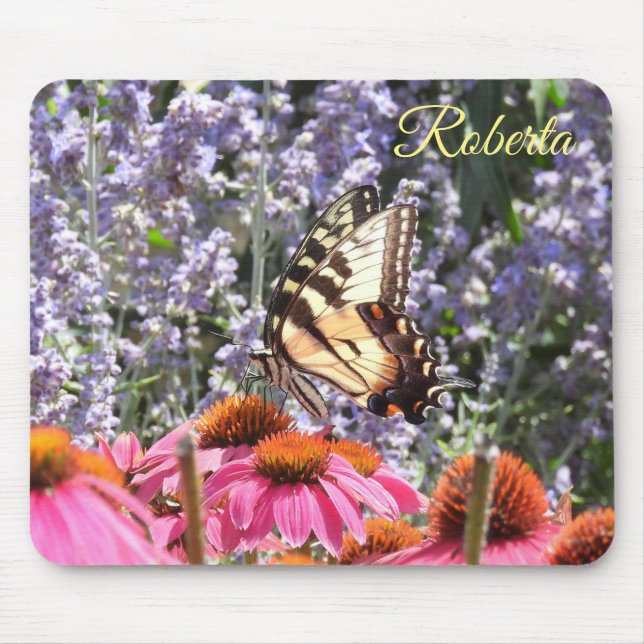 Yellow Swallowtail Butterfly, Pink n Purple Flower Mouse Pad (Front)