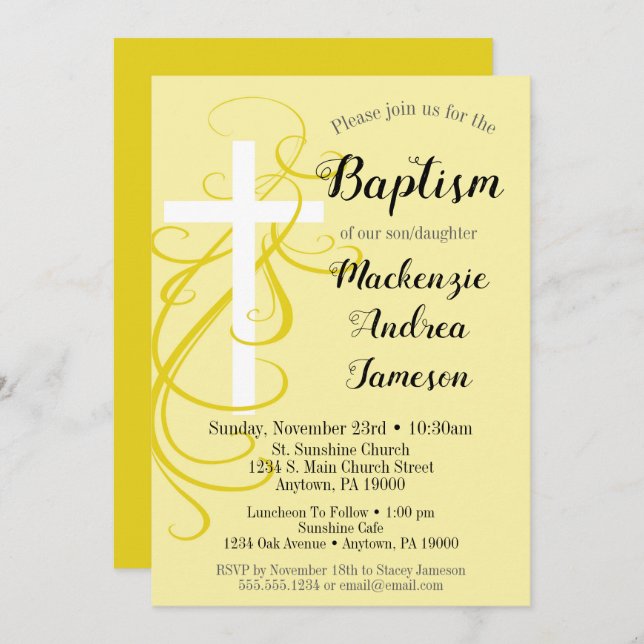 Yellow Swirl Cross Baptism Invitation Girl Boy (Front/Back)