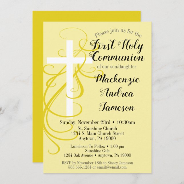 Yellow Swirl First Holy Communion Invitation (Front/Back)