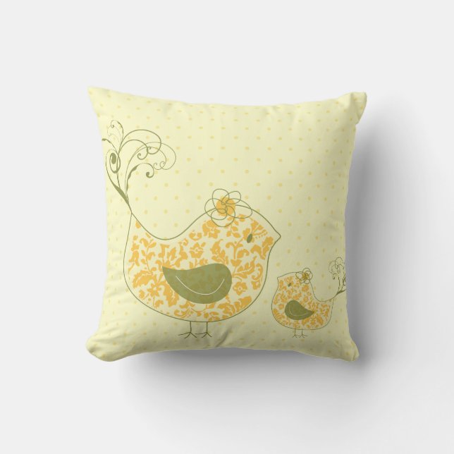 Yellow Swirly Mum & Baby Bird  Whimsical Damask Cushion (Front)