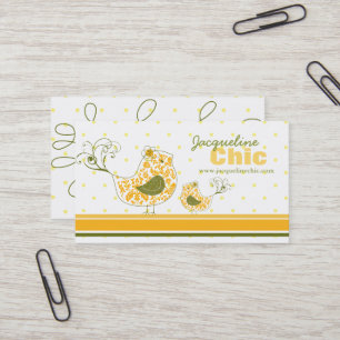 Yellow Swirly Whimsical Damask Mummy And Baby Bird Business Card
