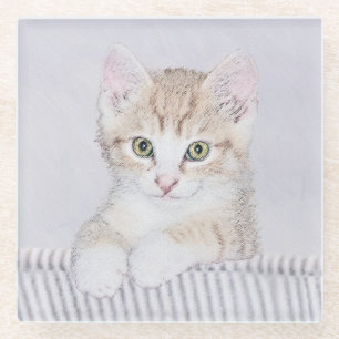 Yellow Tabby Kitten Painting - Original Cat Art Glass Coaster