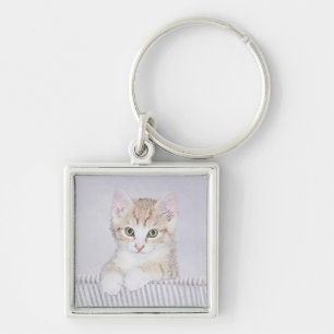 Yellow Tabby Kitten Painting - Original Cat Art Key Ring