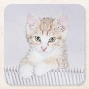 Yellow Tabby Kitten Painting - Original Cat Art Square Paper Coaster