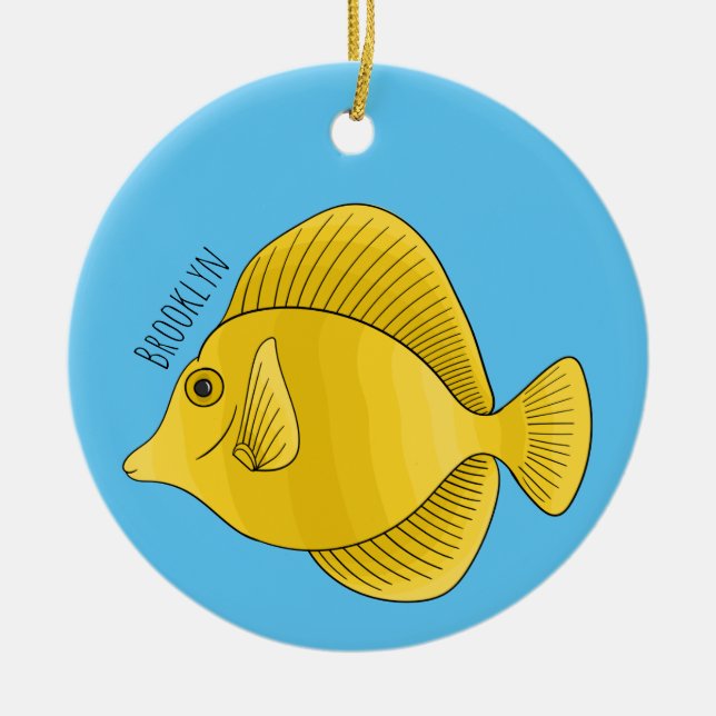 Yellow tang fish cartoon illustration  ceramic ornament (Front)