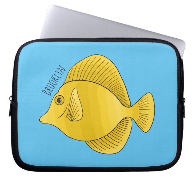 Yellow tang fish cartoon illustration laptop sleeve (Front)