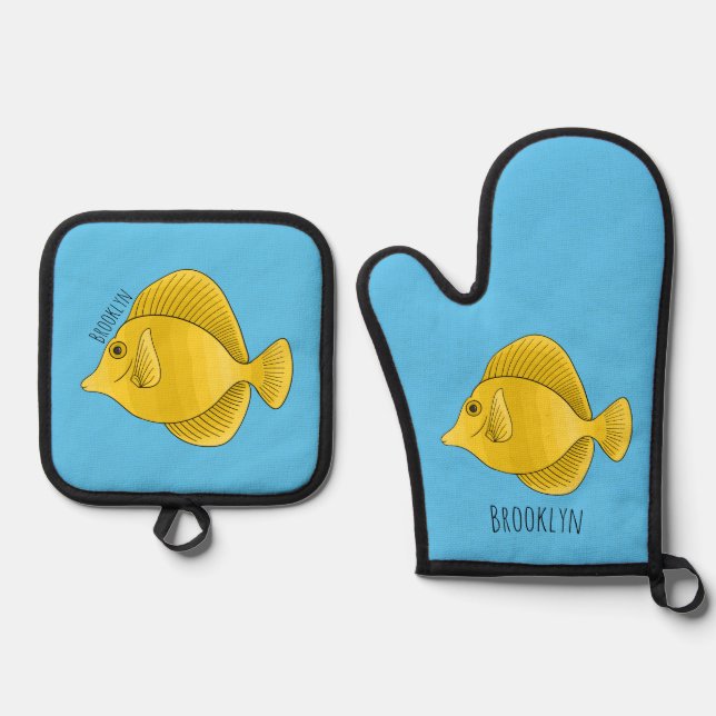 Yellow tang fish cartoon illustration  oven mitt & pot holder set (Front)