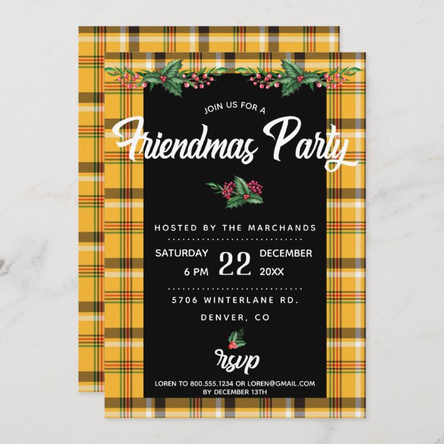 Yellow Tartan Plaid  Friendsmas Party Invite (Front/Back)