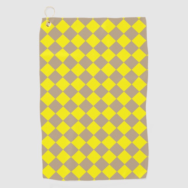 Yellow Taupe Chequered Diamond Pattern Golf Towel (Front)