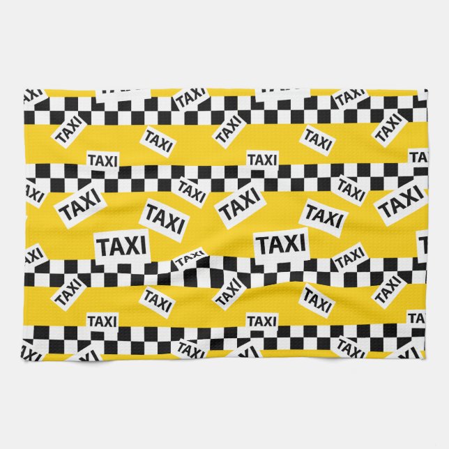 Yellow Taxi Cab Black and White Check Taxi Driver Tea Towel (Horizontal)