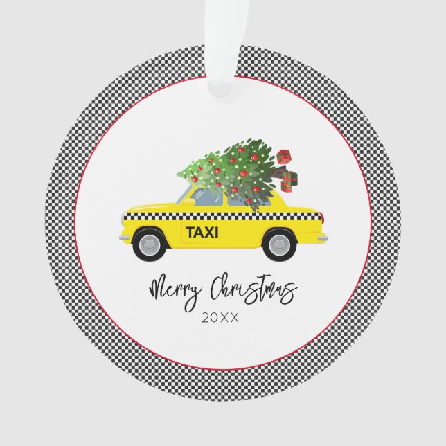 Yellow Taxi Cab Chequerboard Merry Christmas Tree Ornament (Front)