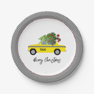 Yellow Taxi Cab Chequerboard Merry Christmas Tree Paper Plate