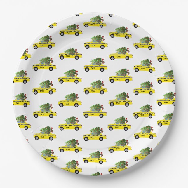 Yellow Taxi Cab Christmas Tree Festive Holiday NYC Paper Plate (Front)