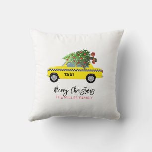 Yellow Taxi Cab MERRY CHRISTMAS Tree Family NAME Cushion