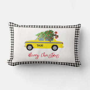 Yellow Taxi Cab Merry Christmas Tree Holiday City Lumbar Cushion