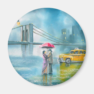 Yellow taxi couple rainy day romantic couple magnet