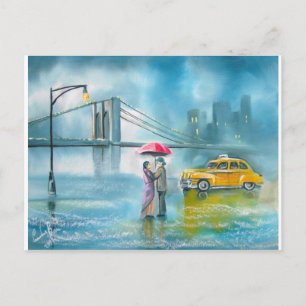 Yellow taxi couple rainy day romantic couple postcard