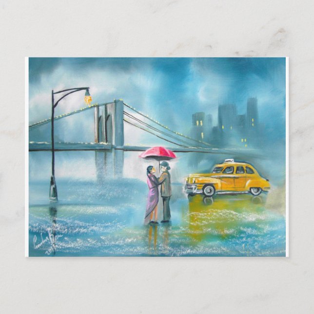 Yellow taxi couple rainy day romantic couple postcard (Front)
