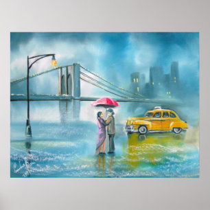 Yellow taxi couple rainy day romantic couple poster