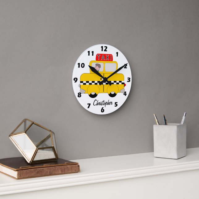 Yellow Taxi Design Personalised Round Clock (Office)