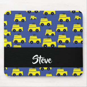 Yellow taxi pattern on blue mouse pad