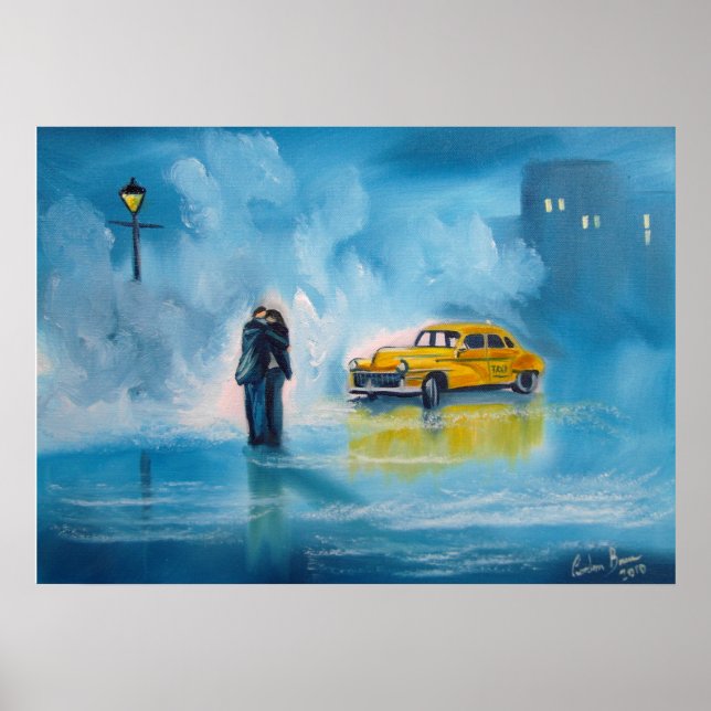 Yellow taxi rainy day romantic couple painting poster (Front)