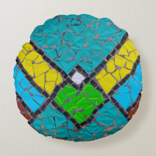 Yellow, teal, and brown mosaic artwork round cushion