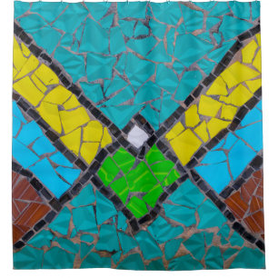 Yellow, teal, and brown mosaic artwork shower curtain