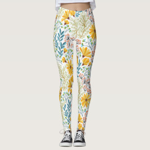 Yellow, Teal and Pink Spring Flowers  Leggings