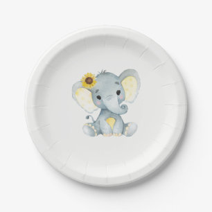Yellow Teal Elephant Plate 4 Baby Shower, Birthday